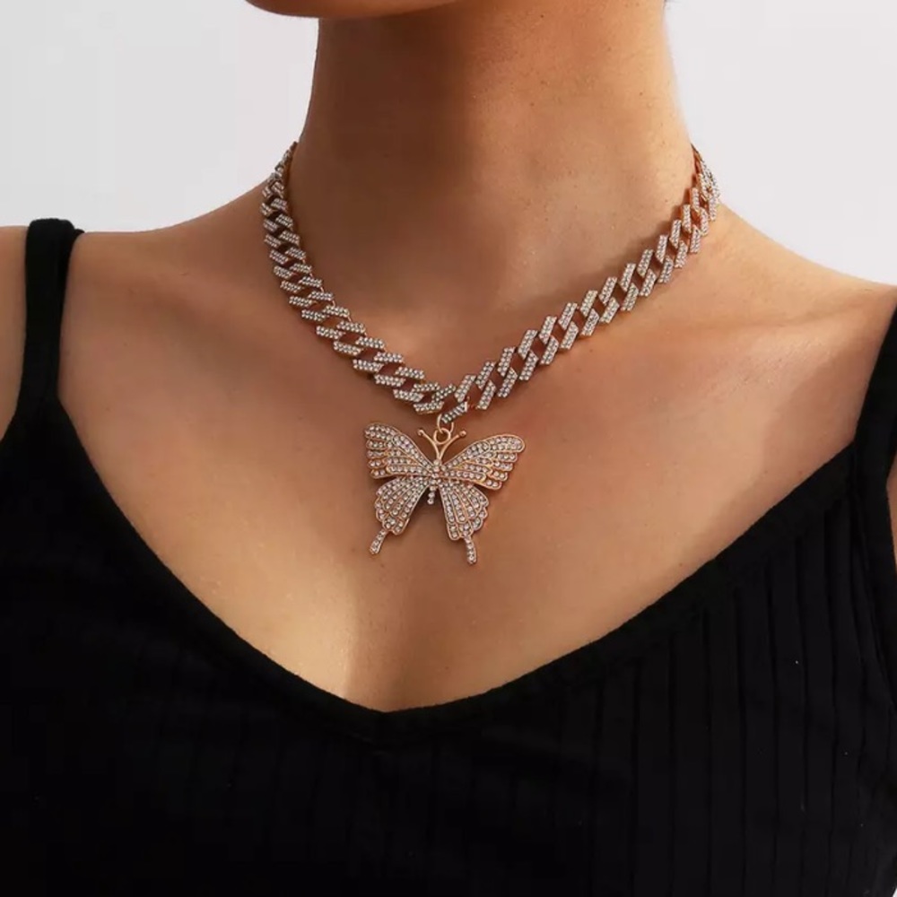 Luxury Rhinestone Cuban Butterfly Gold Necklace